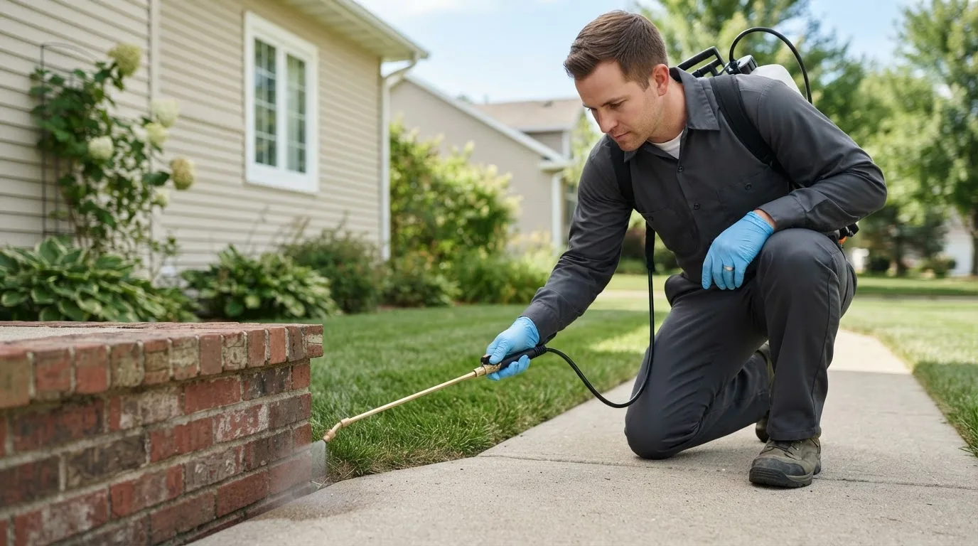 Pest control technician treating a home near Topsham, ME