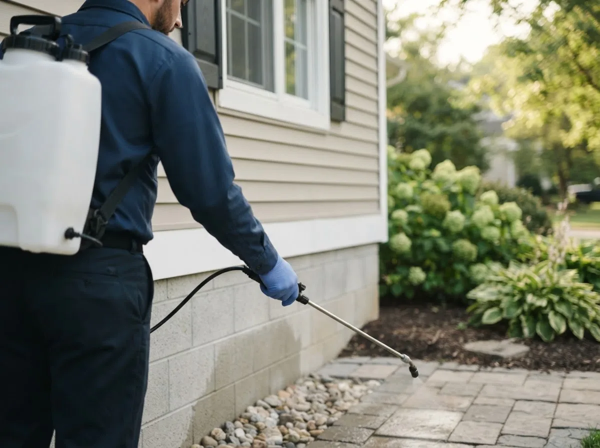 Pest control technician inspecting a home in Topsham, ME